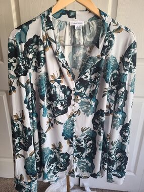 Calvin Klein White Blouse with Teal & Dark Green Floral Print